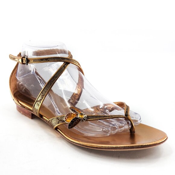 GUCCI Gold Leather Bumblebee Thong Sandal - Picture 1 of 13